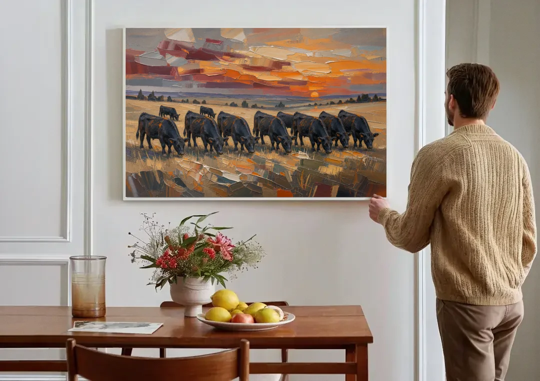 Western Wall Art of Angus Grazing at Sundown canvas wall art above a dining table