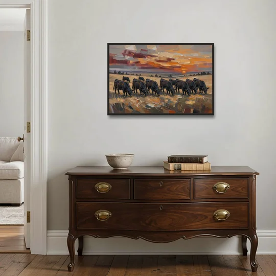 Western Wall Art of Angus Grazing at Sundown - Black Framed Canvas Wall Art - Coffee Table - 36x24