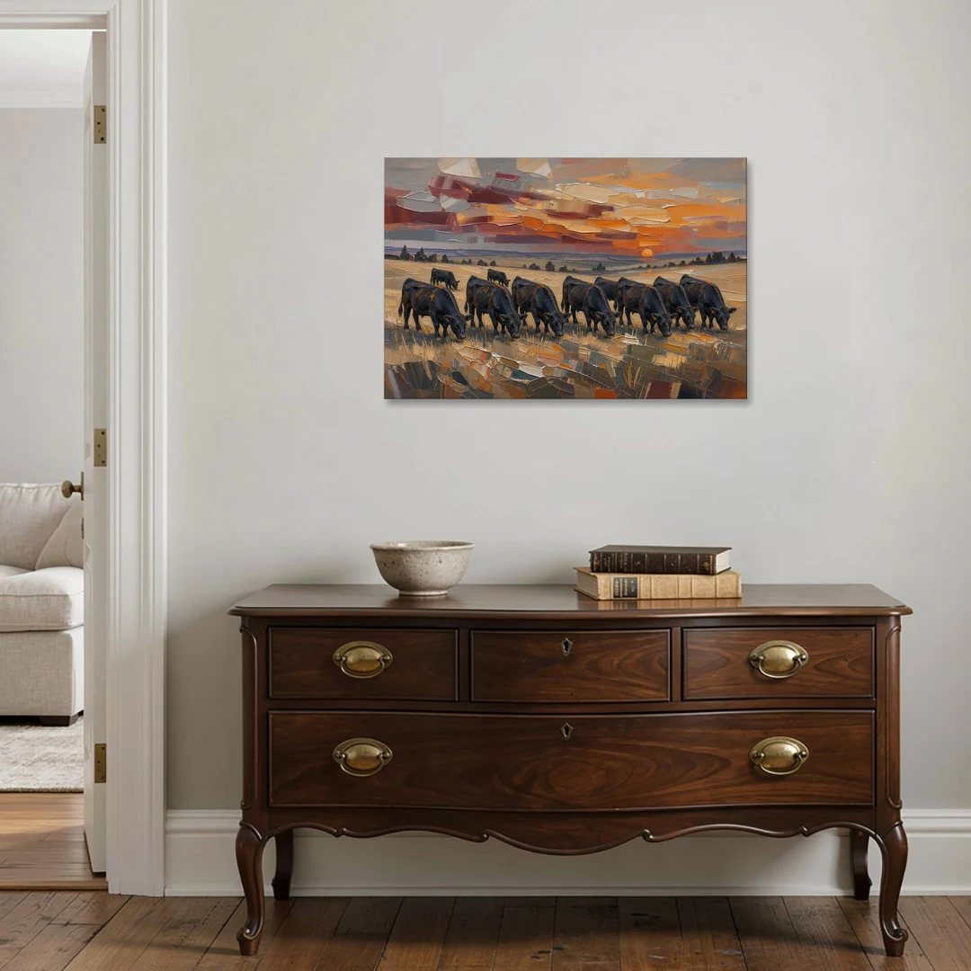 Western Wall Art of Angus Grazing at Sundown - Canvas Wall Art - Coffee Table - 36x24