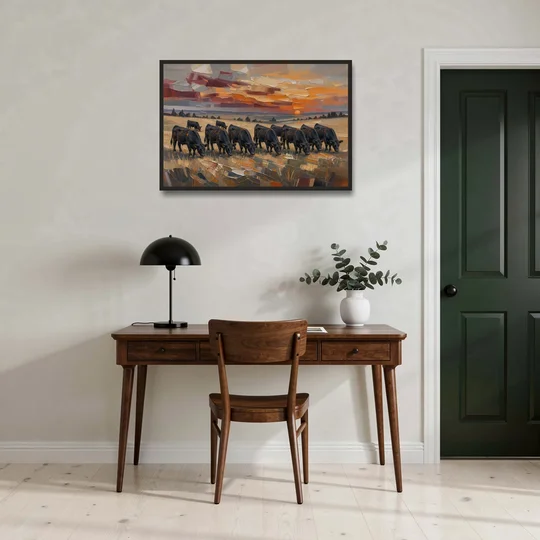Western Wall Art of Angus Grazing at Sundown - Black Framed Canvas Wall Art - Office - 36x24