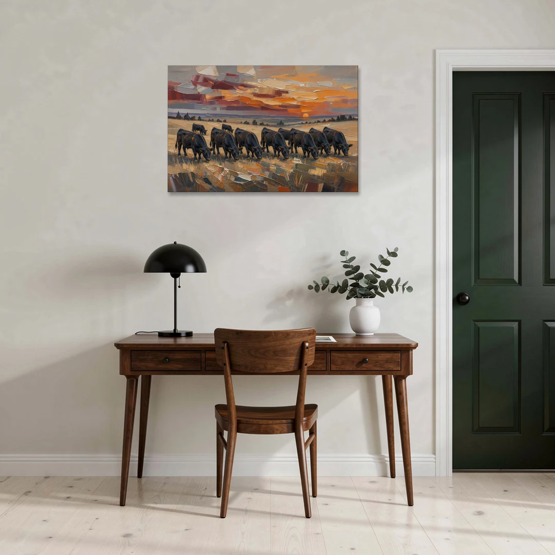 Western Wall Art of Angus Grazing at Sundown - Canvas Wall Art - Office - 36x24