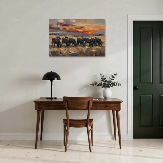 Western Wall Art of Angus Grazing at Sundown - Canvas Wall Art - Office - 36x24
