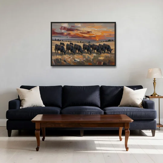 Western Wall Art of Angus Grazing at Sundown - Black Framed Canvas Wall Art - Sofa - 36x24