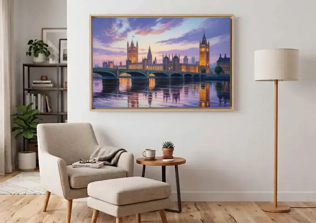 Westminster Glow canvas wall art above an armchair in a bright living room