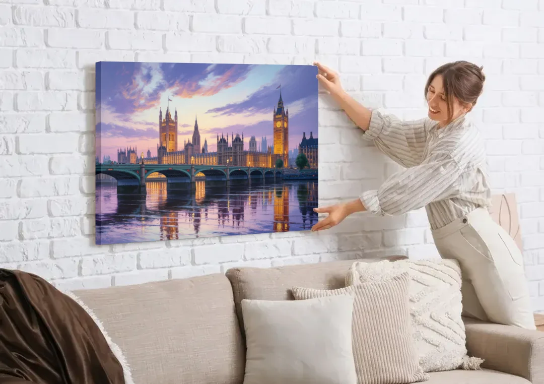 Westminster Glow canvas wall art being hung on a white brick wall above a sofa