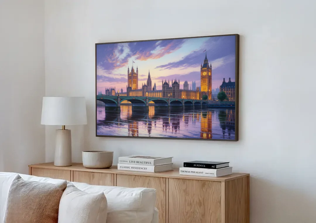 Westminster Glow canvas wall art above a wooden sideboard next to a sofa