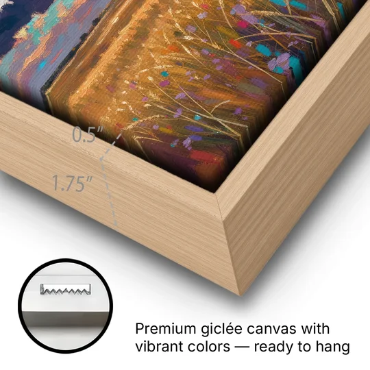 Wheat Field Painting Under a Gathering Storm - Oak Framed Canvas Wall Art - Gallery Wrap Corner