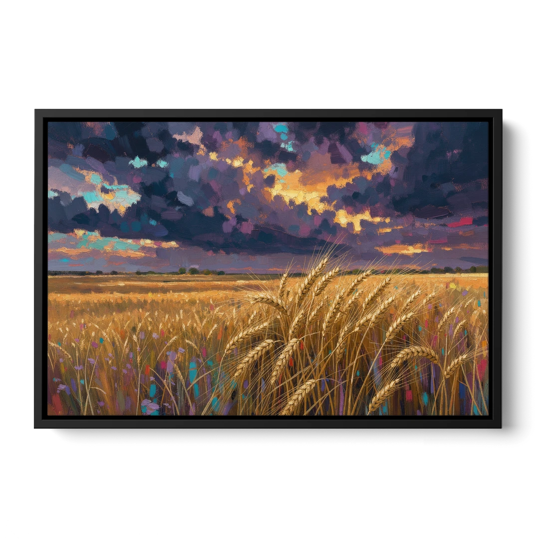 Wheat Field Painting Under a Gathering Storm - Black Framed Canvas Wall Art - Front