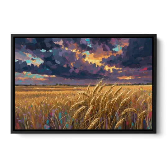 Wheat Field Painting Under a Gathering Storm - Black Framed Canvas Wall Art - Front