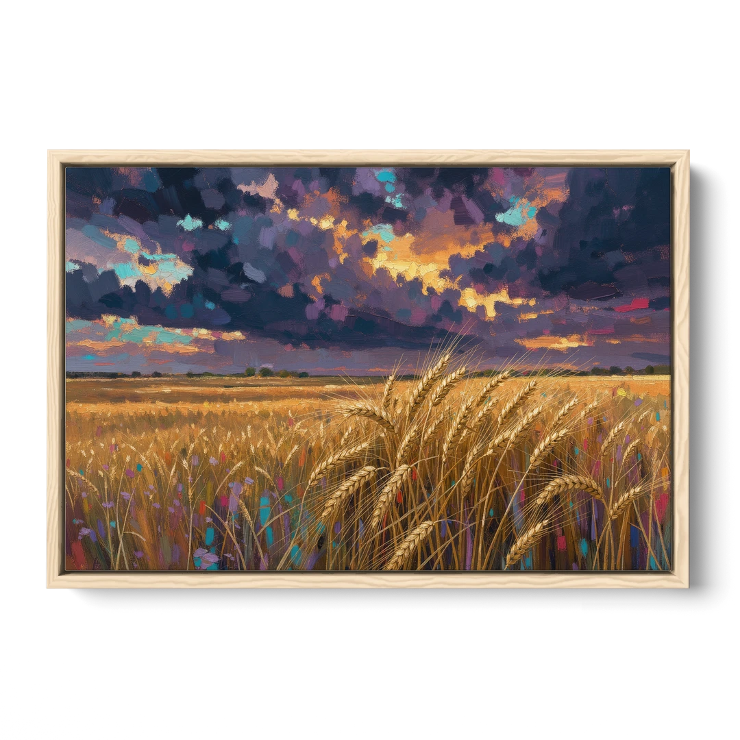 Wheat Field Painting Under a Gathering Storm - Oak Framed Canvas Wall Art - Front