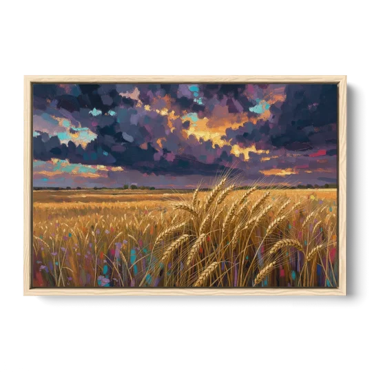 Wheat Field Painting Under a Gathering Storm - Oak Framed Canvas Wall Art - Front