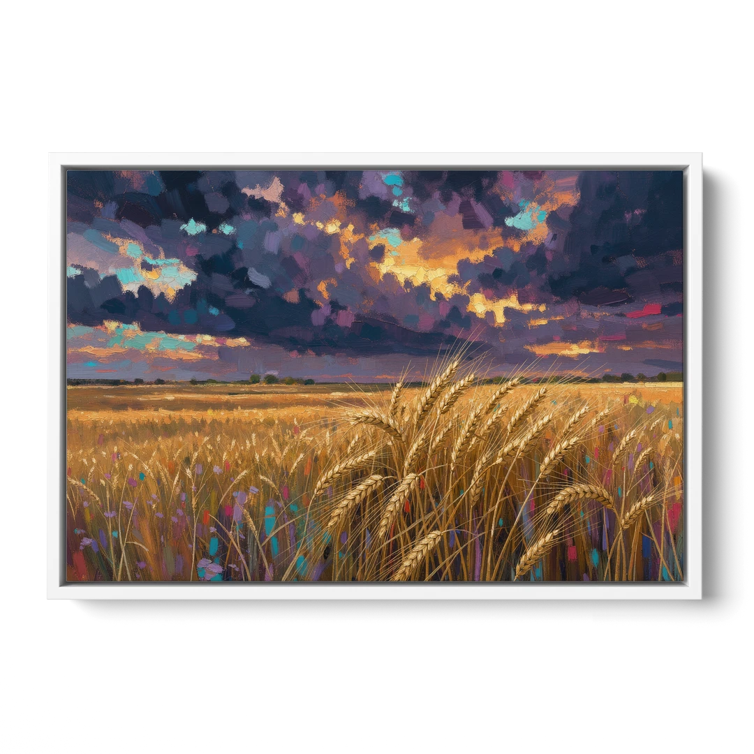Wheat Field Painting Under a Gathering Storm - White Framed Canvas Wall Art - Front