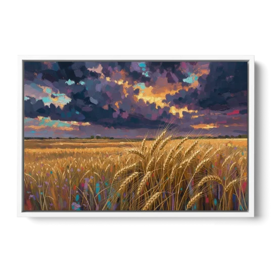 Wheat Field Painting Under a Gathering Storm - White Framed Canvas Wall Art - Front