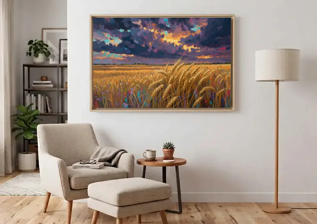 Wheat Field Painting Under a Gathering Storm canvas wall art above an armchair in a bright living room