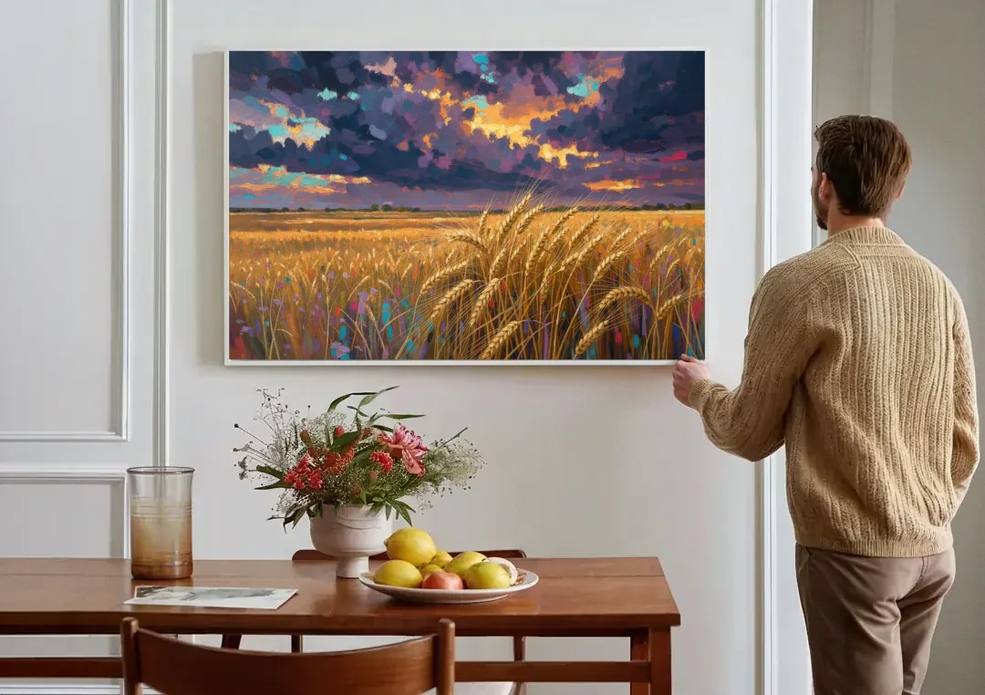 Wheat Field Painting Under a Gathering Storm canvas wall art above a dining table
