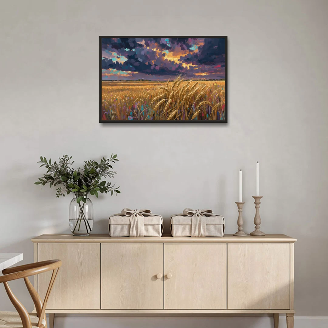 Wheat Field Painting Under a Gathering Storm - Black Framed Canvas Wall Art - Coffee Table - 36x24