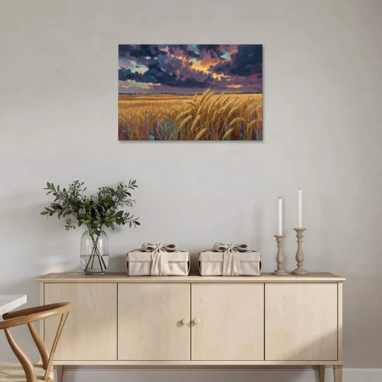 Wheat Field Painting Under a Gathering Storm - Canvas Wall Art - Coffee Table - 36x24