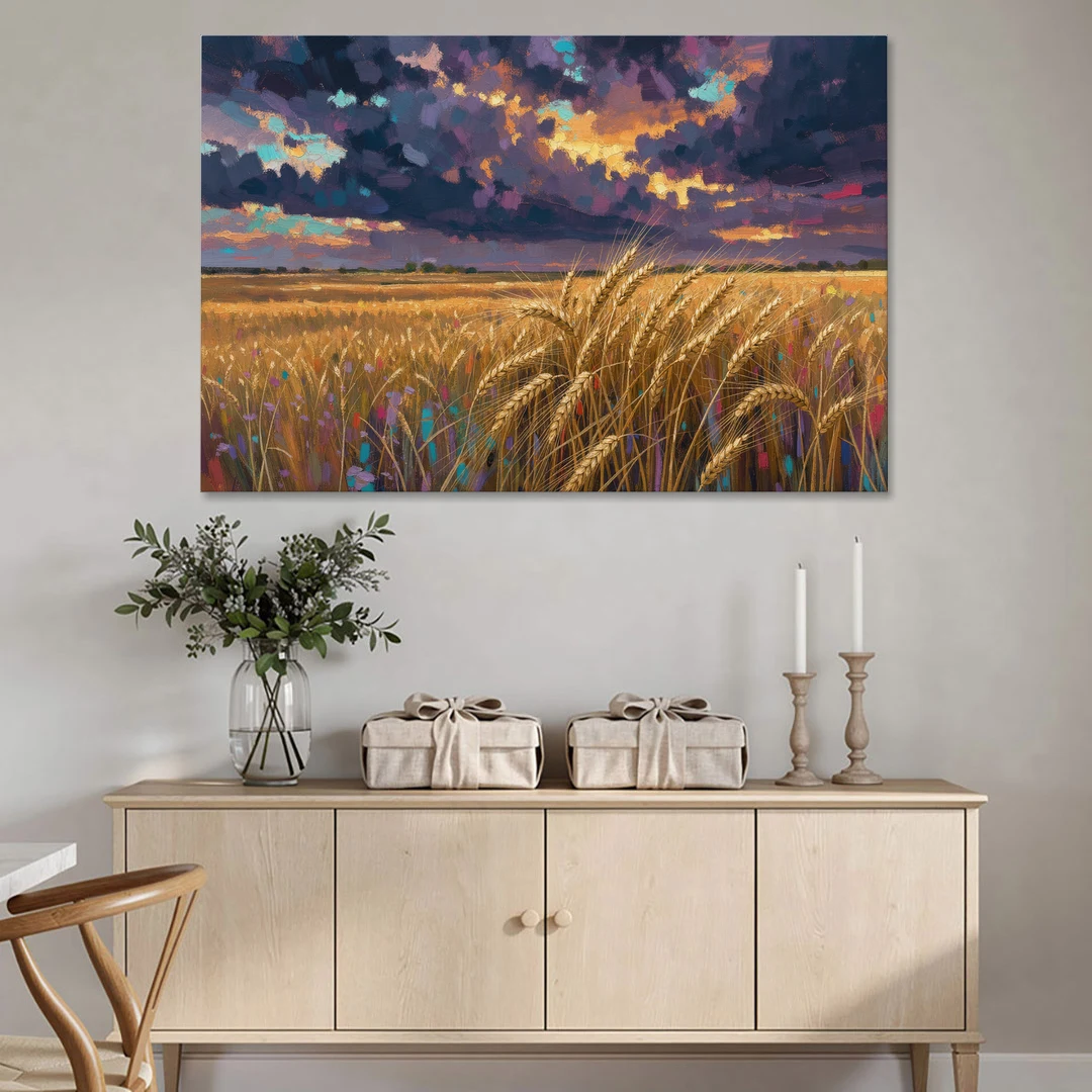 Wheat Field Painting Under a Gathering Storm - Canvas Wall Art - Coffee Table - 60x40