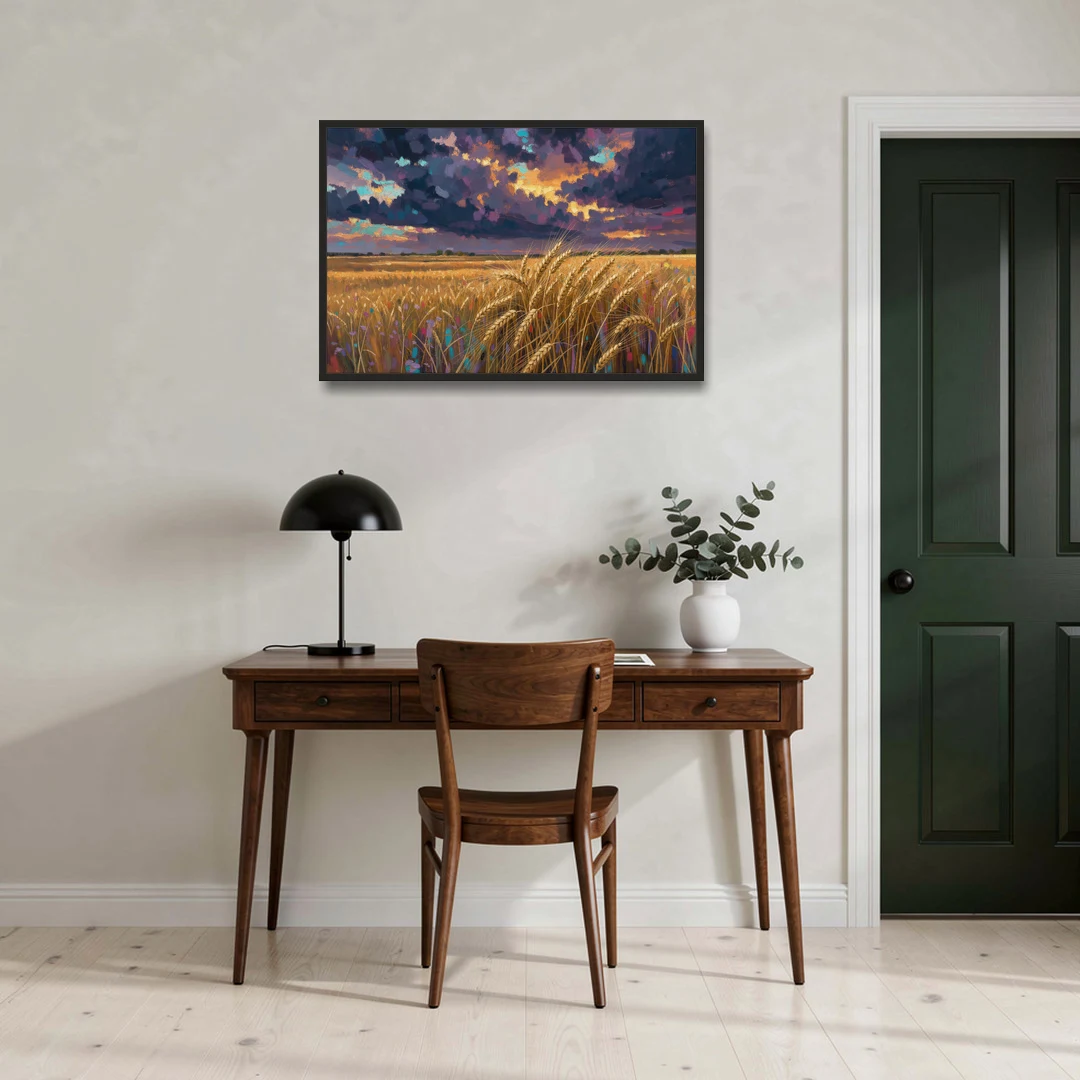 Wheat Field Painting Under a Gathering Storm - Black Framed Canvas Wall Art - Office - 36x24