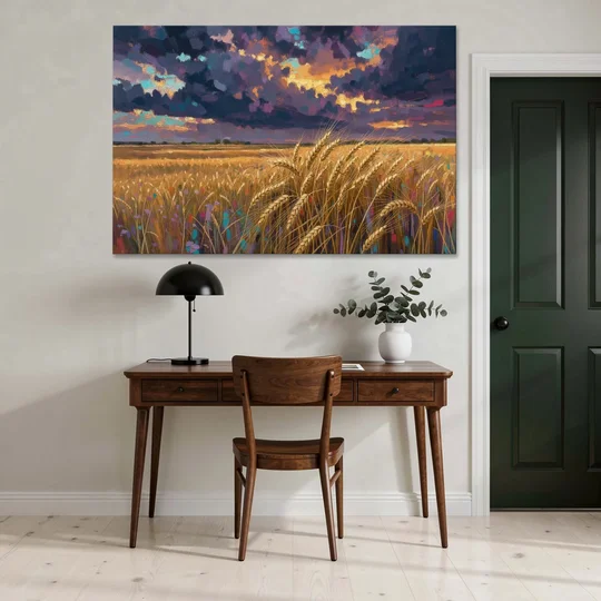 Wheat Field Painting Under a Gathering Storm - Canvas Wall Art - Office - 60x40
