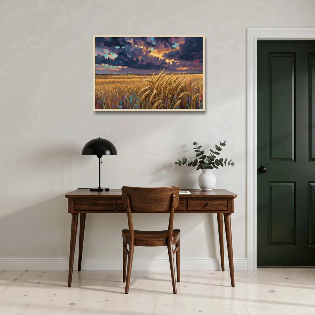 Wheat Field Painting Under a Gathering Storm - Oak Framed Canvas Wall Art - Office - 36x24