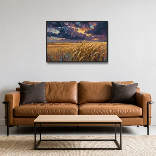 Wheat Field Painting Under a Gathering Storm - Black Framed Canvas Wall Art - Sofa - 36x24