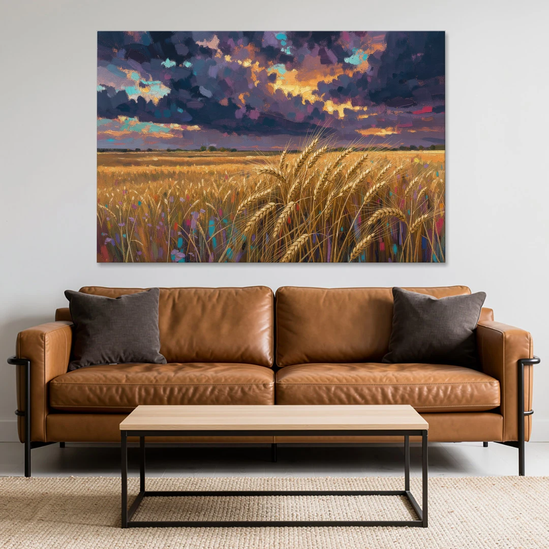 Wheat Field Painting Under a Gathering Storm - Canvas Wall Art - Sofa - 60x40