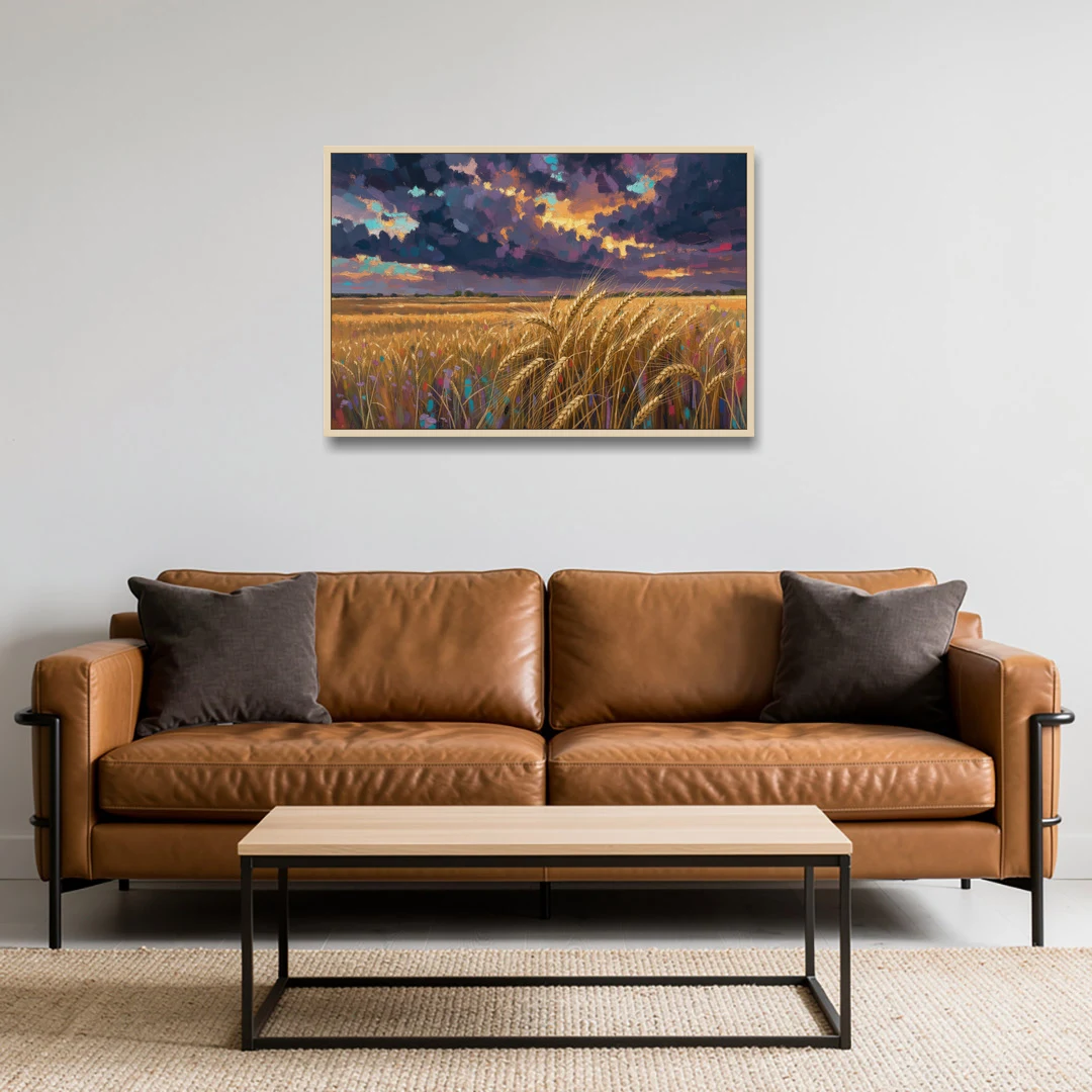 Wheat Field Painting Under a Gathering Storm - Oak Framed Canvas Wall Art - Sofa - 36x24