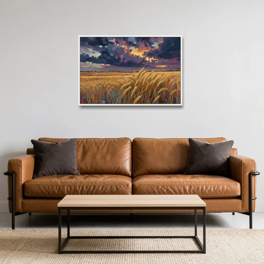 Wheat Field Painting Under a Gathering Storm - White Framed Canvas Wall Art - Sofa - 36x24