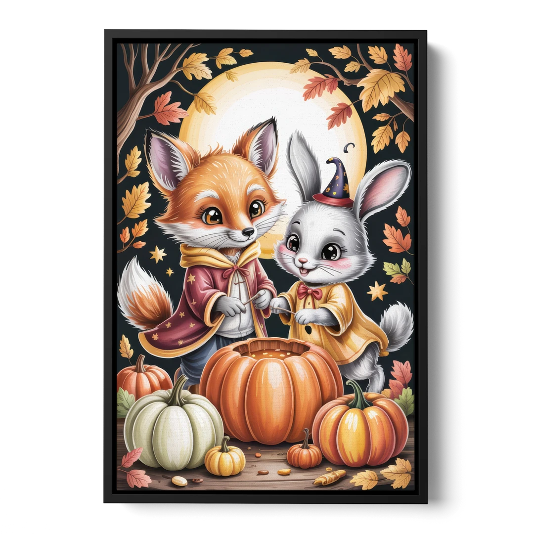 Whimsical Animals in Cute Halloween - Black Framed Canvas Wall Art - Front