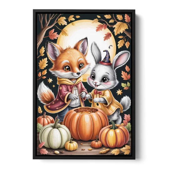 Whimsical Animals in Cute Halloween - Black Framed Canvas Wall Art - Front