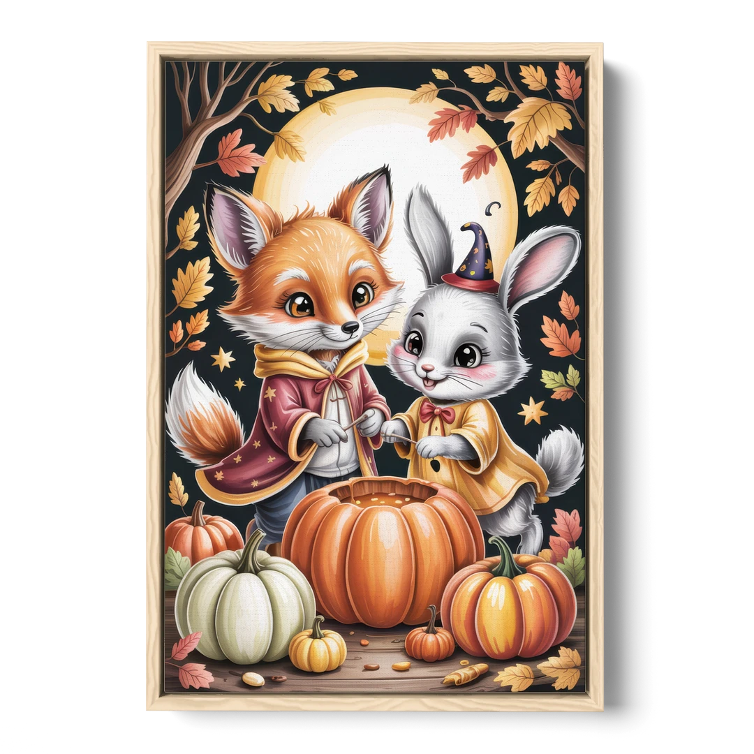 Whimsical Animals in Cute Halloween - Oak Framed Canvas Wall Art - Front
