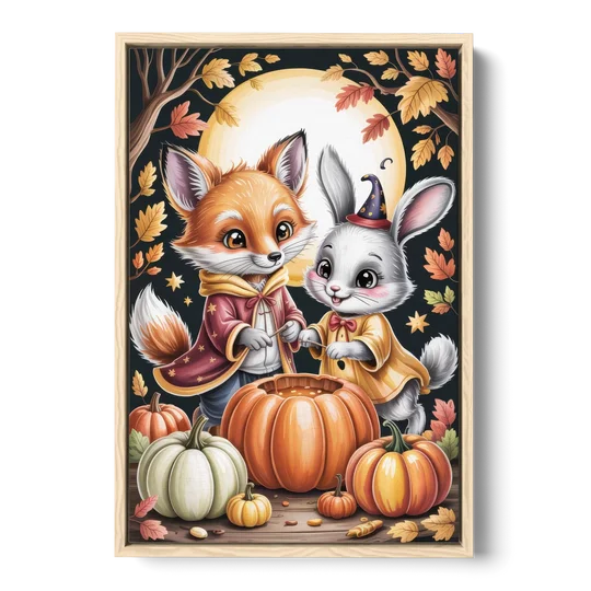 Whimsical Animals in Cute Halloween - Oak Framed Canvas Wall Art - Front