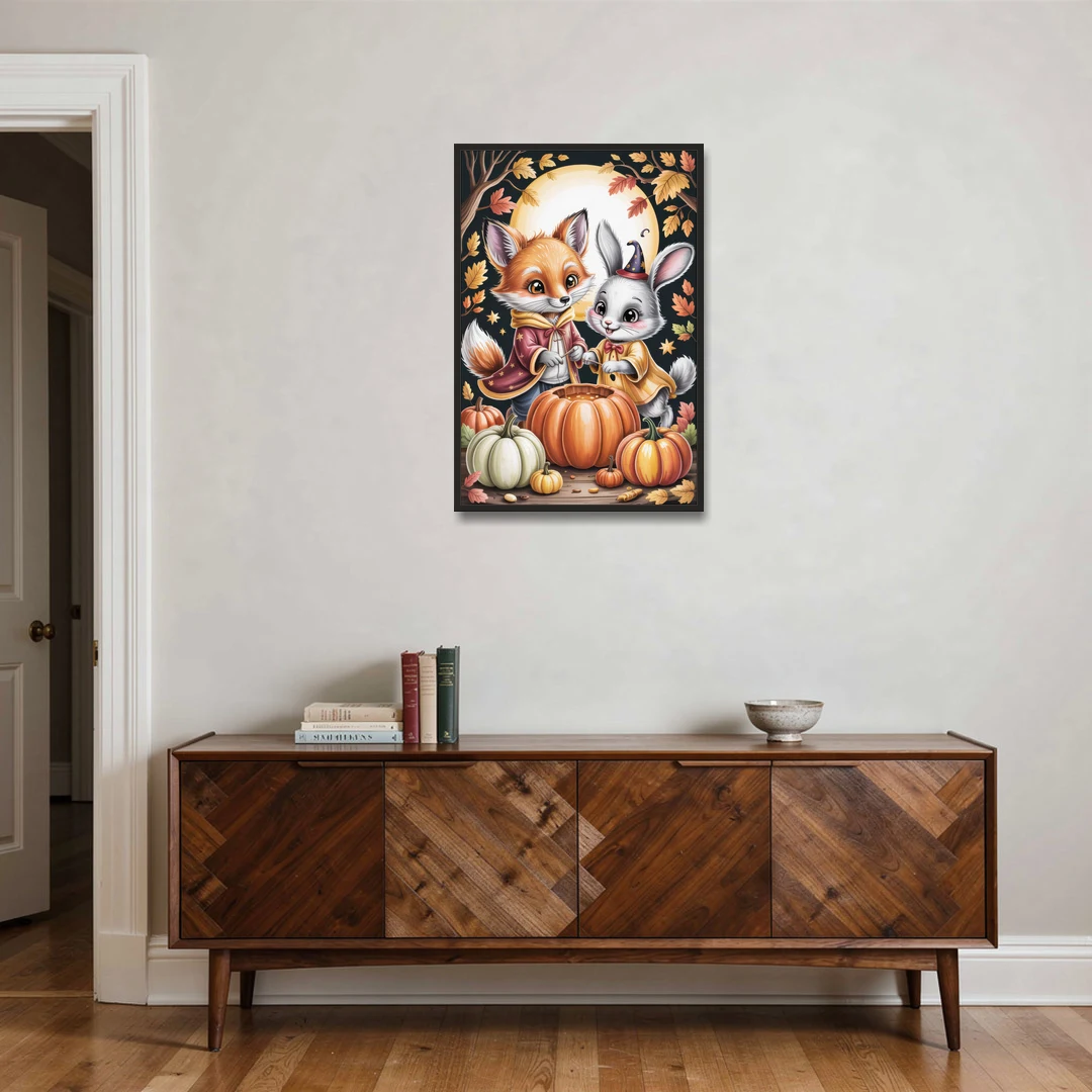 Whimsical Animals in Cute Halloween - Black Framed Canvas Wall Art - Coffee Table - 24x36