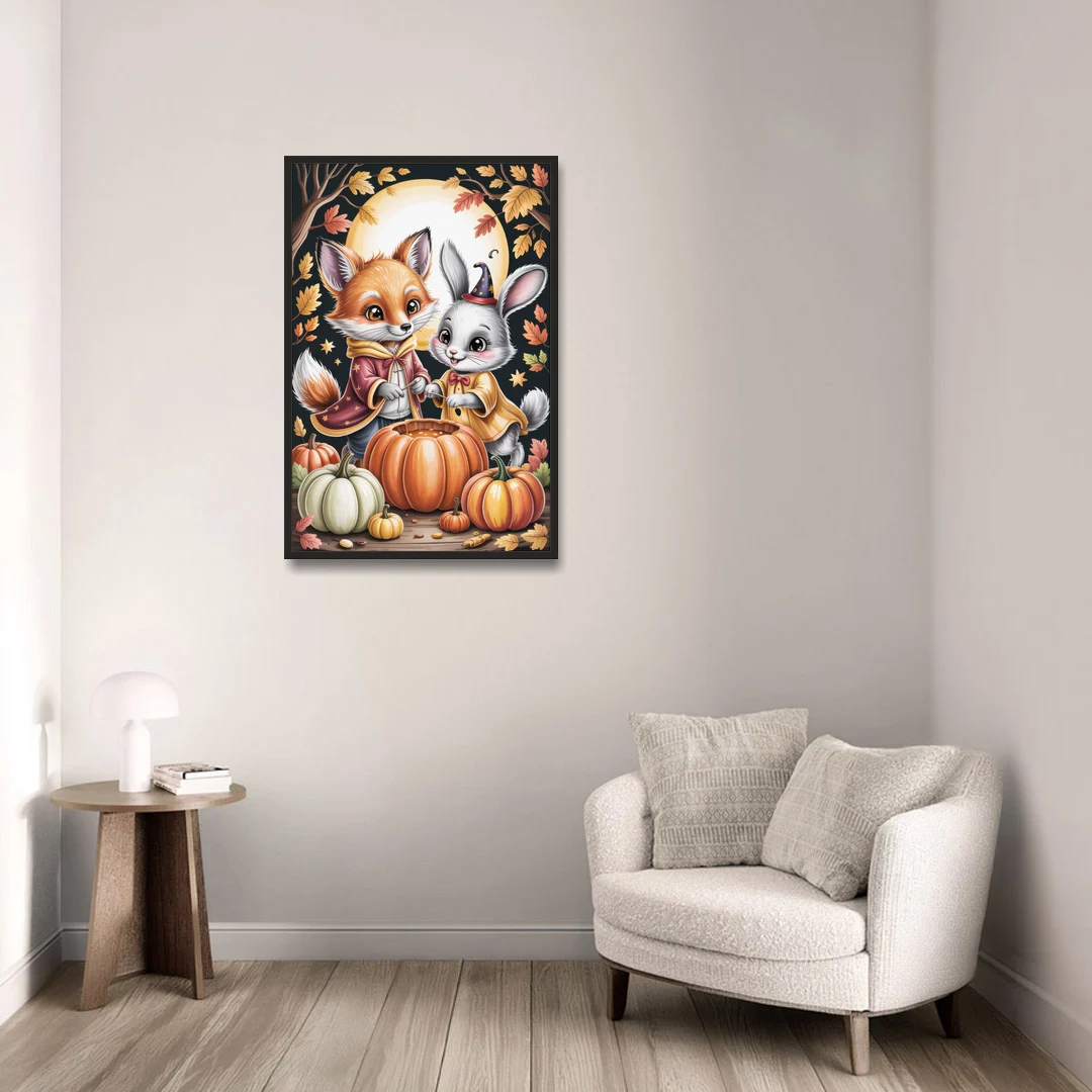 Whimsical Animals in Cute Halloween - Black Framed Canvas Wall Art - Sofa - 24x36
