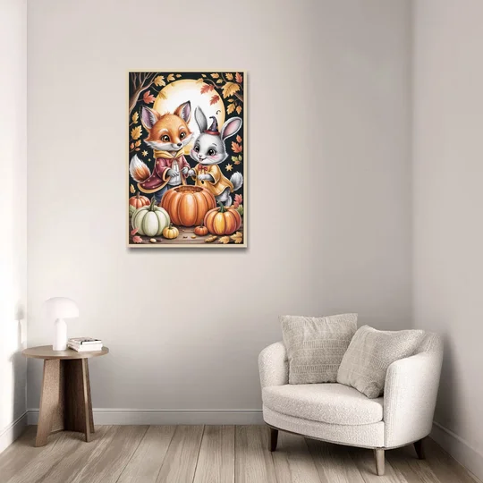 Whimsical Animals in Cute Halloween - Oak Framed Canvas Wall Art - Sofa - 24x36