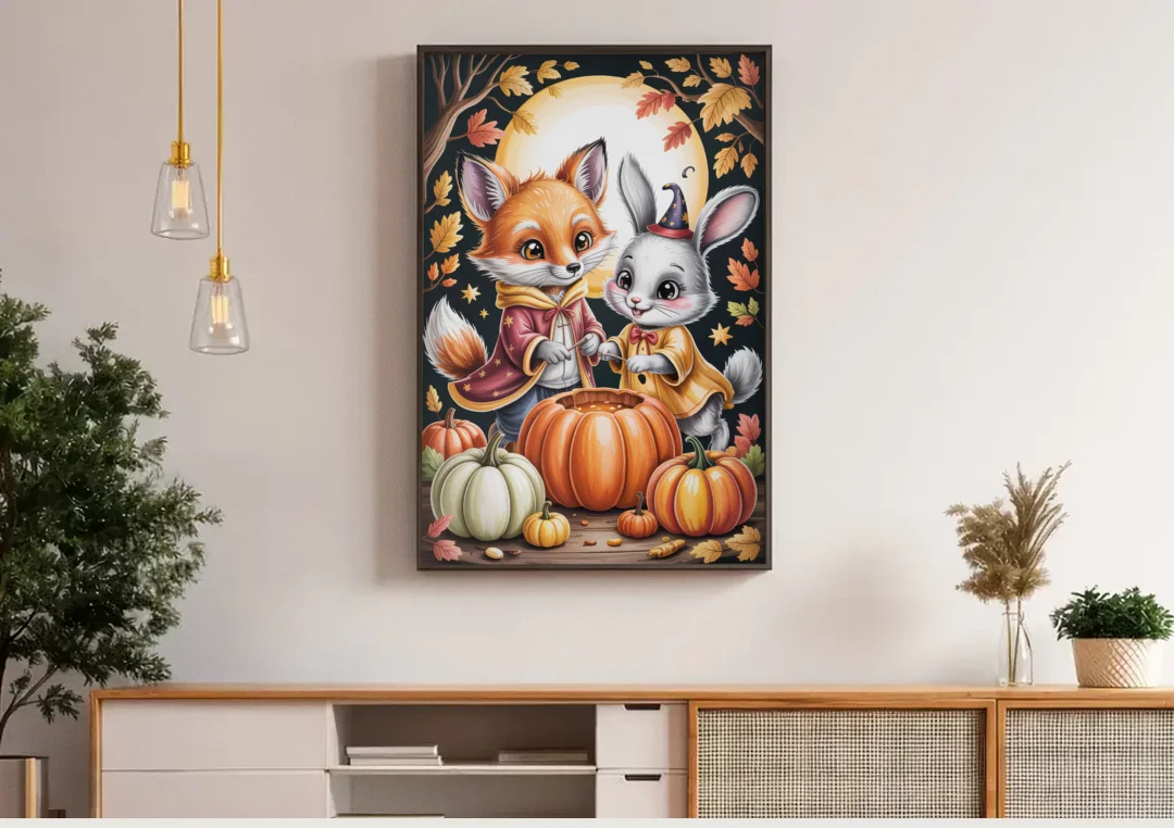 Whimsical Animals in Cute Halloween canvas wall art above a wooden sideboard under pendant lights