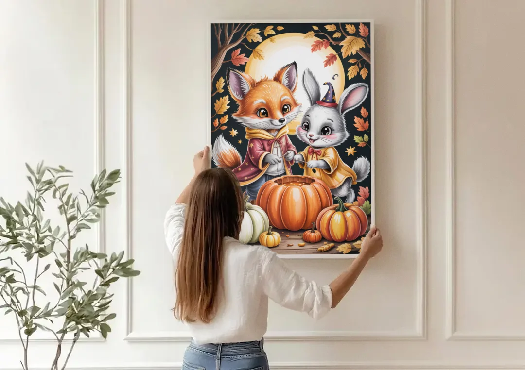 Whimsical Animals in Cute Halloween canvas wall art being hung on a paneled wall