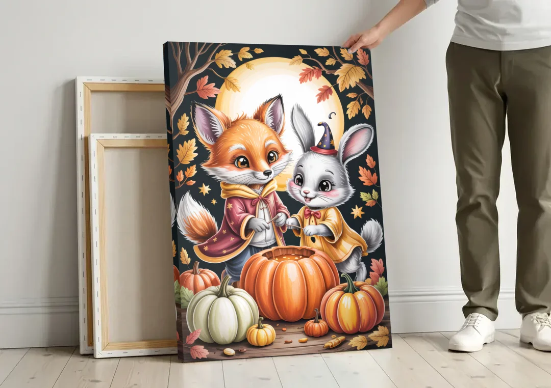 Whimsical Animals in Cute Halloween canvas wall art leaning against a wall next to blank canvases