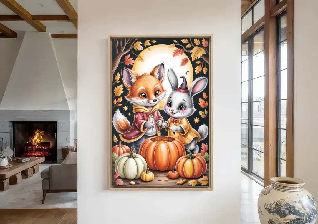 Whimsical Animals in Cute Halloween canvas wall art in a living room with a fireplace