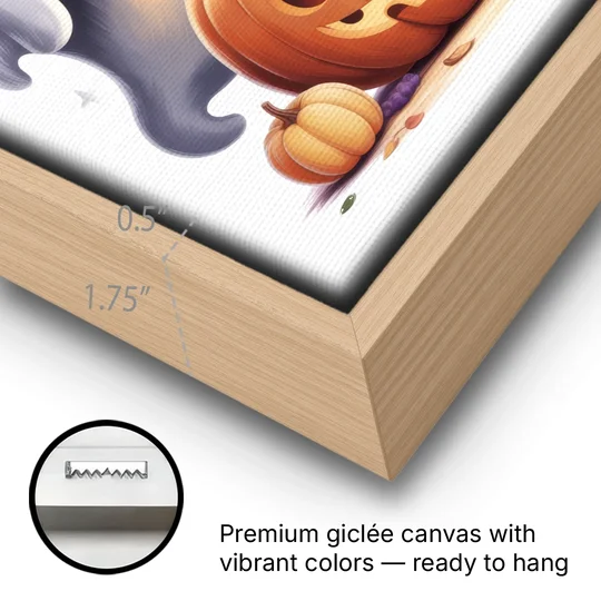 Whimsical Autumn Scene Cute Halloween - Oak Framed Canvas Wall Art - Gallery Wrap Corner