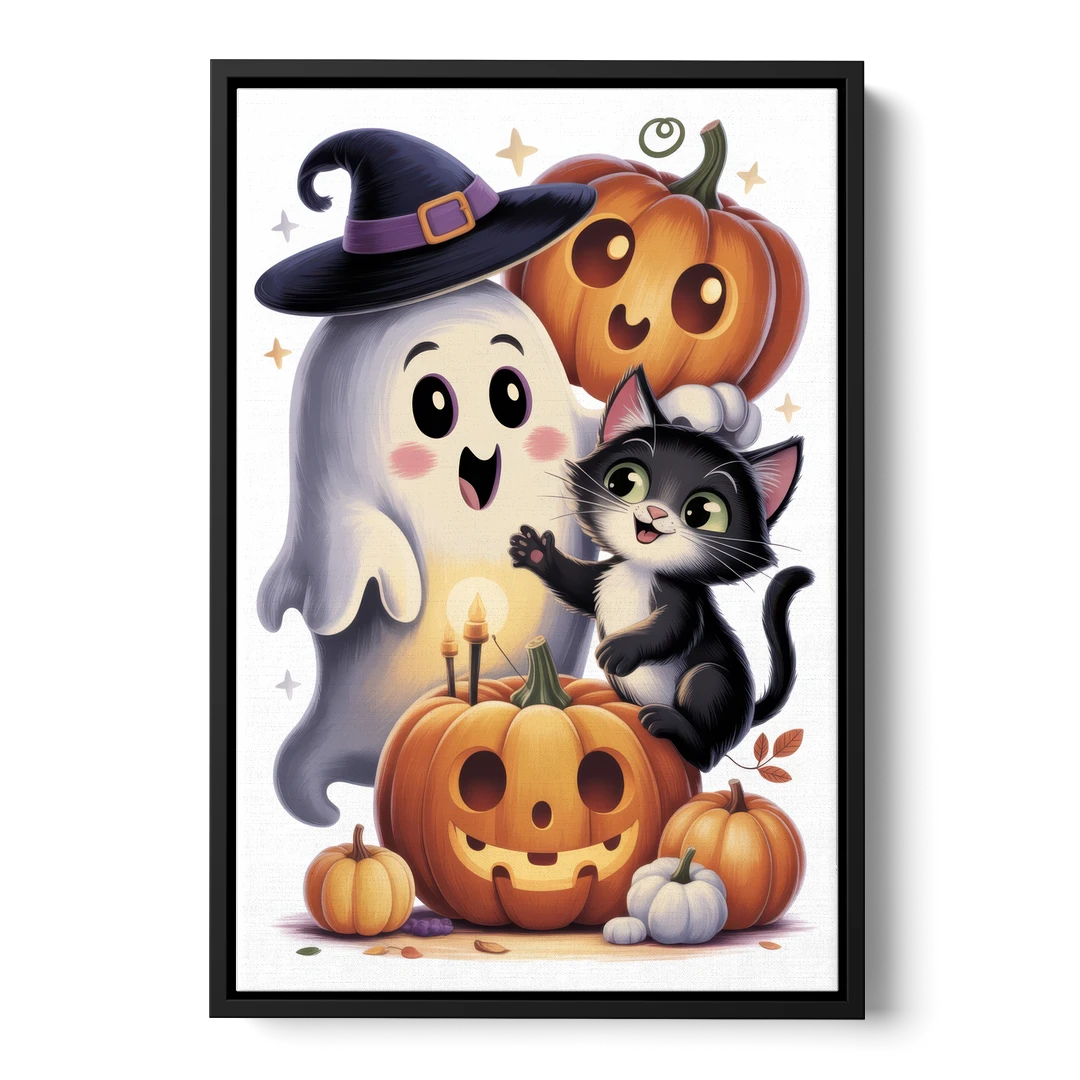 Whimsical Autumn Scene Cute Halloween - Black Framed Canvas Wall Art - Front