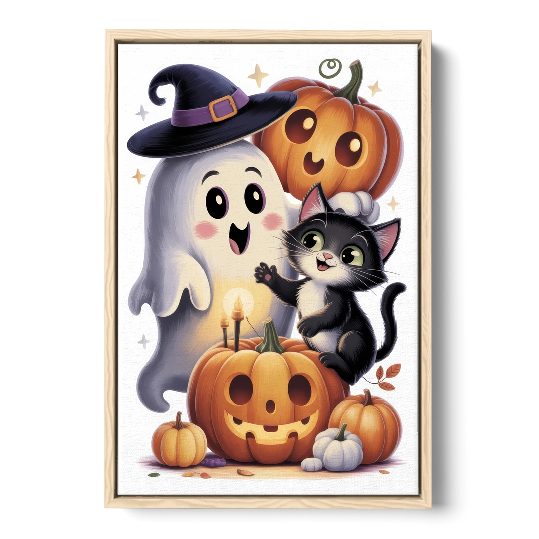 Whimsical Autumn Scene Cute Halloween - Oak Framed Canvas Wall Art - Front