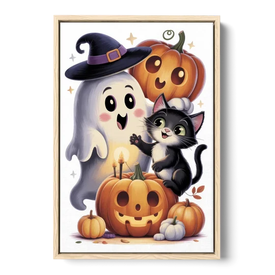 Whimsical Autumn Scene Cute Halloween - Oak Framed Canvas Wall Art - Front