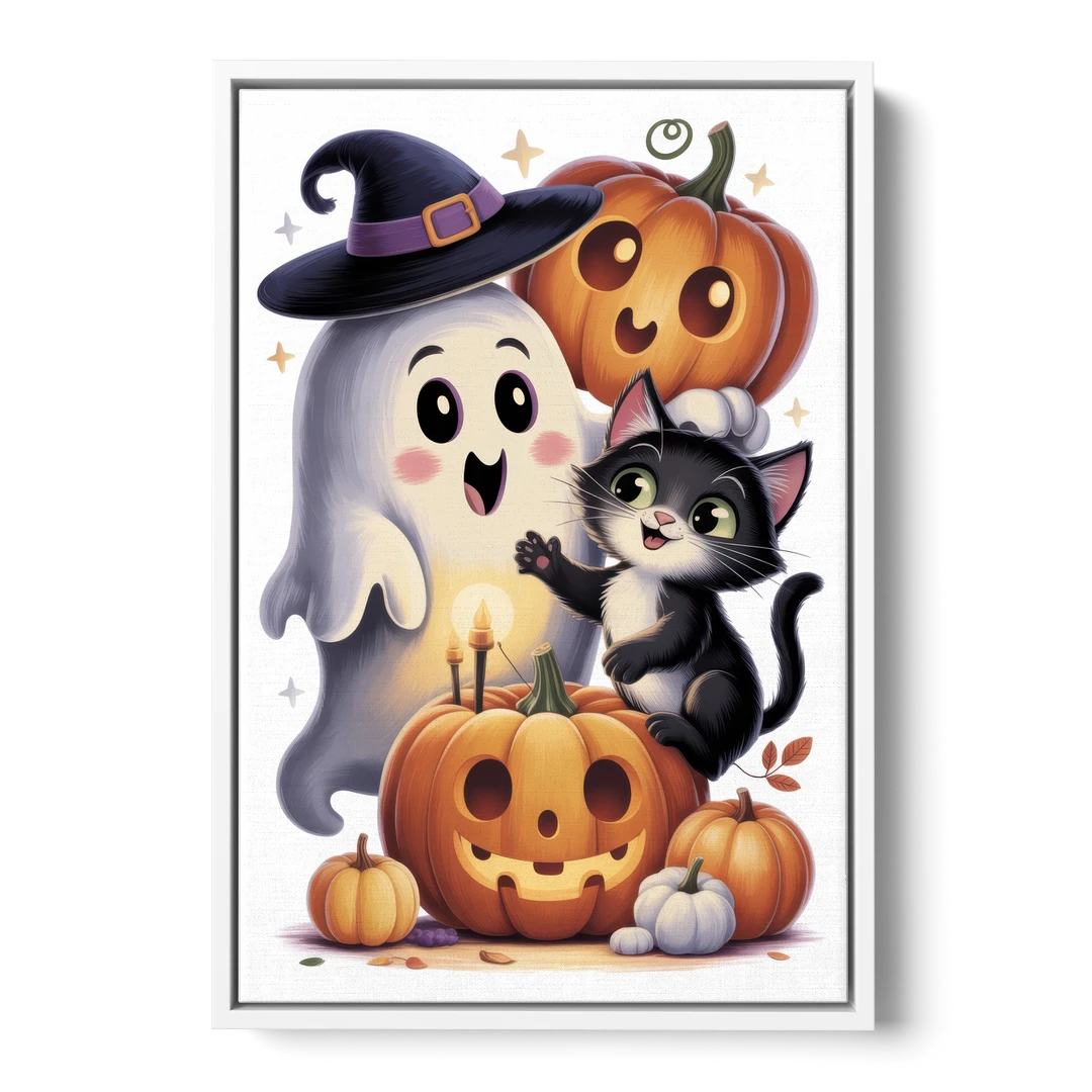 Whimsical Autumn Scene Cute Halloween - White Framed Canvas Wall Art - Front