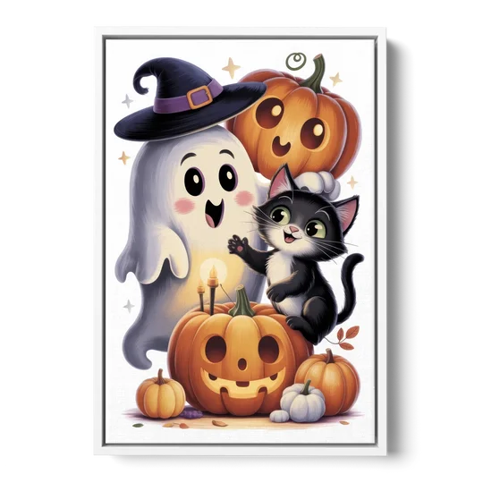 Whimsical Autumn Scene Cute Halloween - White Framed Canvas Wall Art - Front