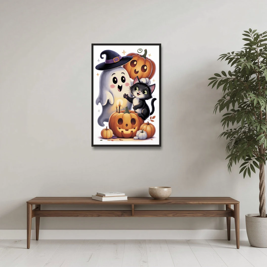 Whimsical Autumn Scene Cute Halloween - Black Framed Canvas Wall Art - Coffee Table - 24x36
