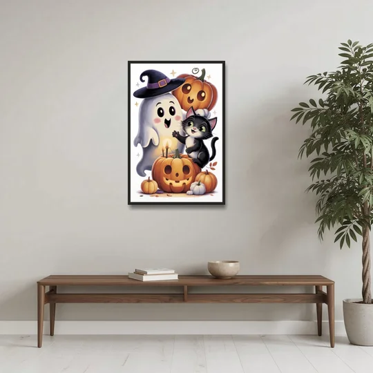 Whimsical Autumn Scene Cute Halloween - Black Framed Canvas Wall Art - Coffee Table - 24x36