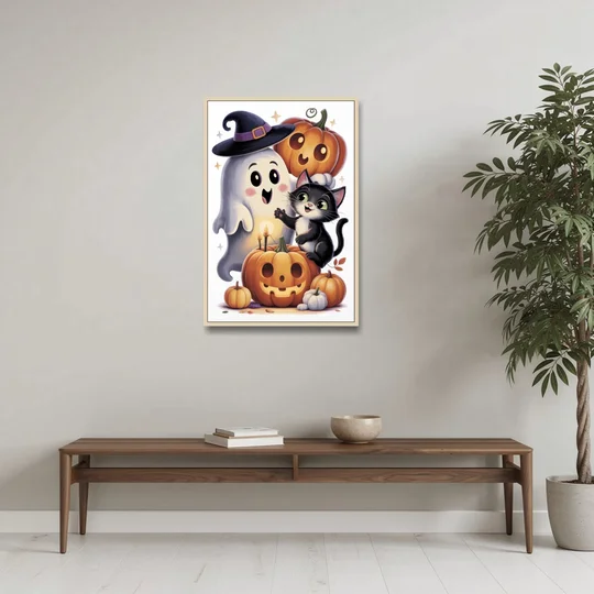 Whimsical Autumn Scene Cute Halloween - Oak Framed Canvas Wall Art - Coffee Table - 24x36