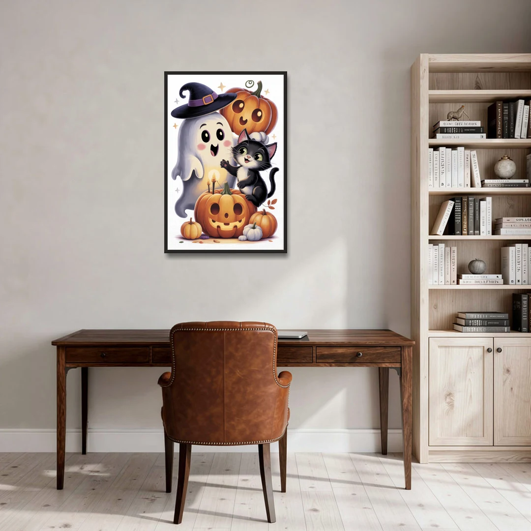 Whimsical Autumn Scene Cute Halloween - Black Framed Canvas Wall Art - Office - 24x36